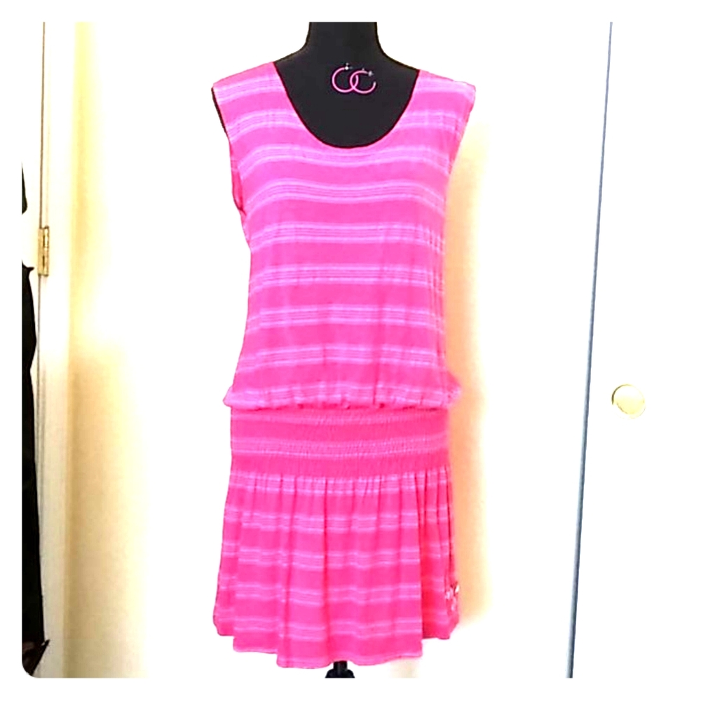 👗🌸Roxy Hot Pink Stripe Tunic Dress W/Elastic Waistline Size Large